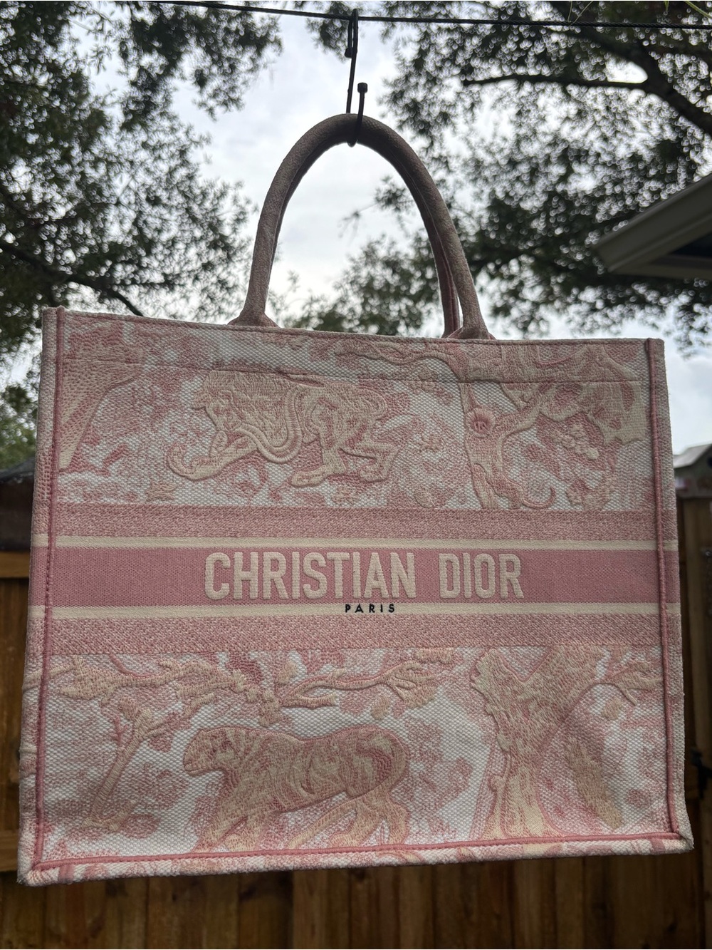 Christian Dior Medium Toile de Jouy Jungle Tote Pink White Embroidered Canvas